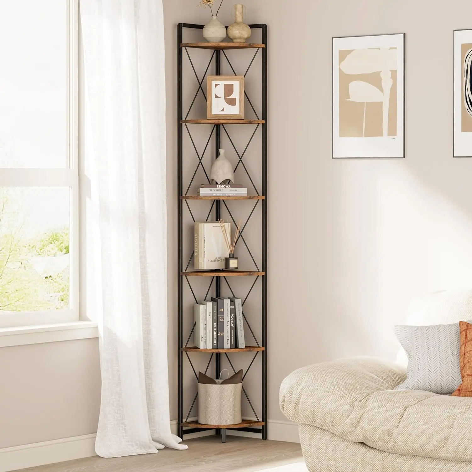 

6-ярусная угловая полка, 78 дюймов в высоту, промышленная книжная полка для декора гостиной, металлическая подставка для растений