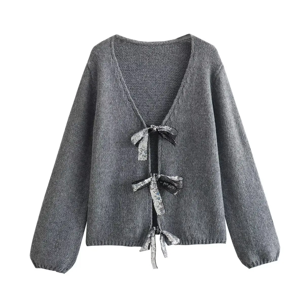 Women Sexy Bow Lace Up Sequin Sweater Cardigan Loose V-neck Long Sleeve Knitted Coat Autumn Winter Lady Holiday Party Jumper Top