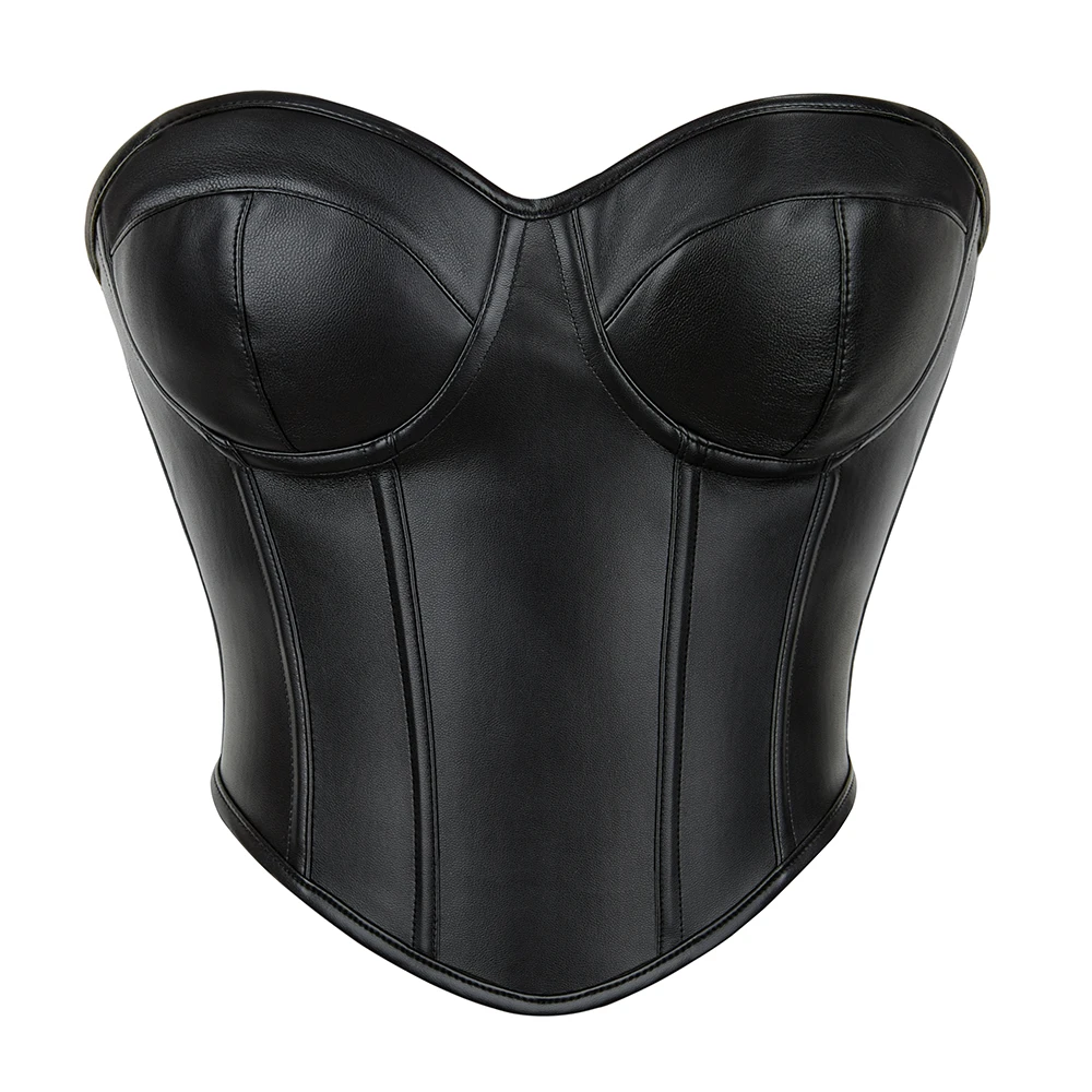 Solid Black Strapless Padded Bra Shapewear Underwear Women\'s Intimate Clothing Genuine Leather Bustier Crop Top