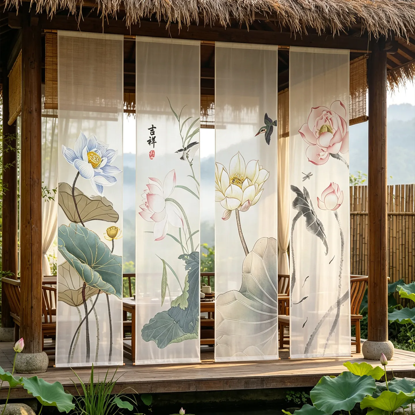 Chinese Ink Lotus Semi Transparent Gauze Hanging Room Divider – Zen Sheer Curtain for Tea Room, Tatami & Boutique Hotel Decor