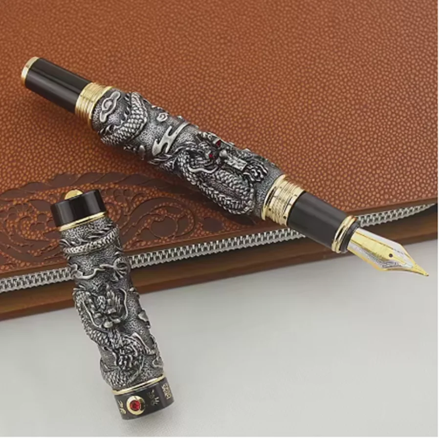 JINHAO GRAY FOUNTAIN PEN BROAD NIB DRAGON PLAY THE PEARL