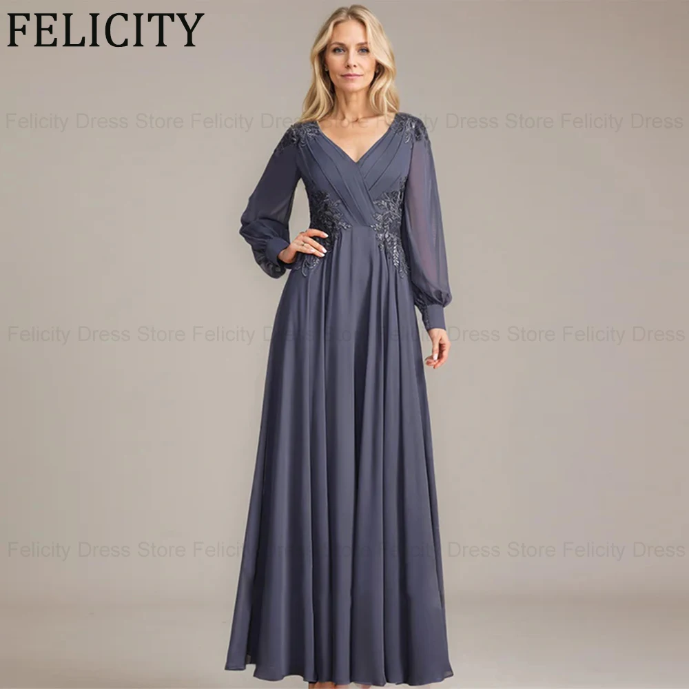 

FELICITY Classic Mother of the Bride Dresses 2025 Customized A-line V-Neck Appliques Chiffon Wedding Guest Party Gowns Sequins