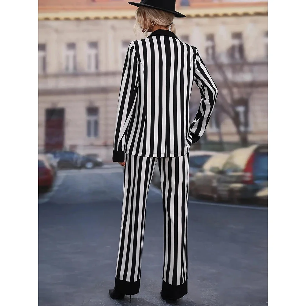 Fashion Black White Striped Women Pants Suit Two Pieces(Jacket+Pants) New Loose and Casual Female Set Костюм Женский