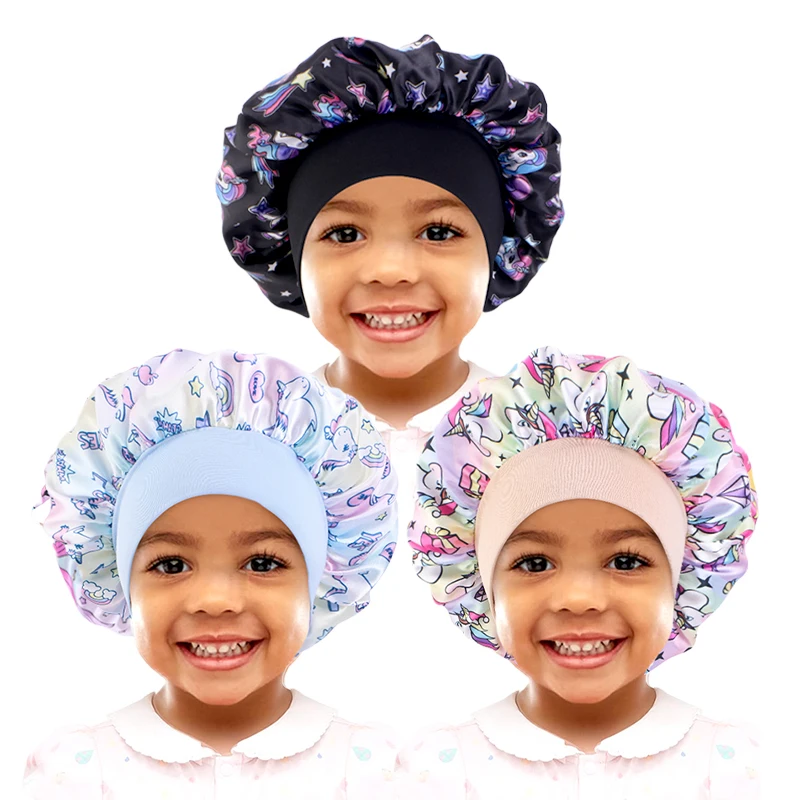 3PCS/LOT Unicorn Cartoon Print Kids Satin Bonnet Sleep Hat Turban Nightcap Sleeping Hat Baby Child Headwear Hair Care Caps