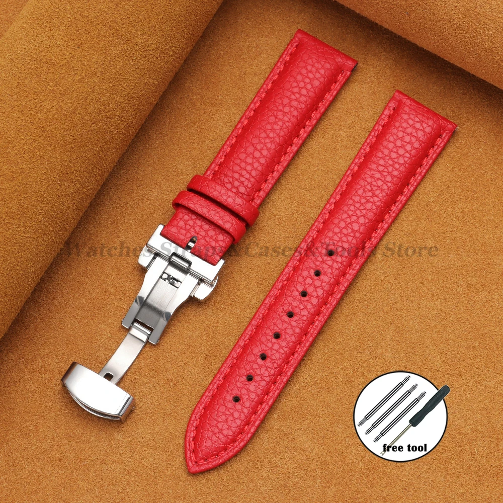 Echtes Kalbsleder-Litschi-Leder-Uhrenarmbänder 16/18/19/20/21/22/24 mm für Seiko für Omega Business Herren Damen Schmetterlingsschnallenarmband