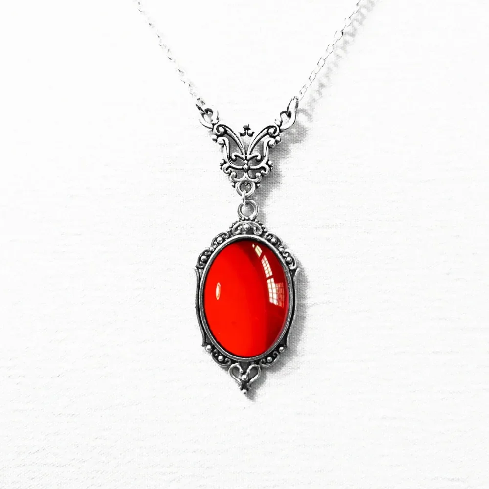 Gothic Retro Blood-red Black Stone Oval Glass Pendant Necklace for Women Hallowmas Witch Victorian Dark Academia Jewelry Gift