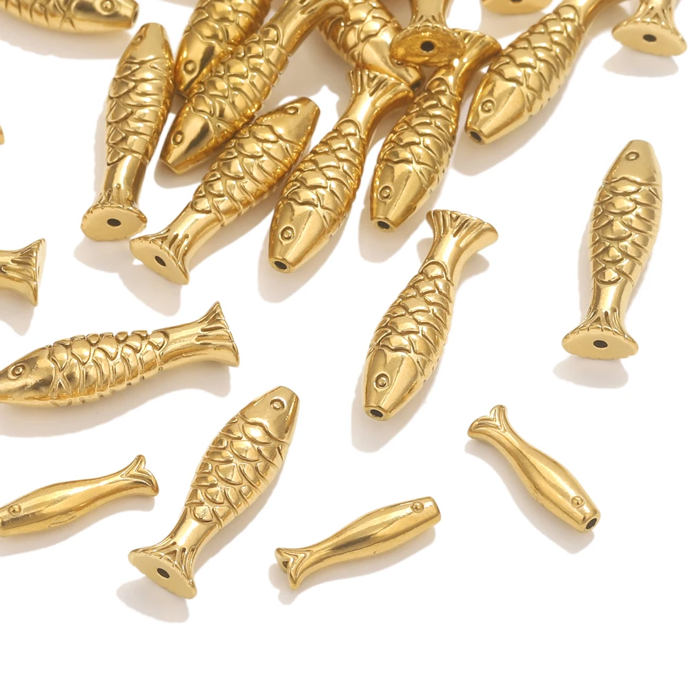 5pcs Stainless Steel Gold Fish Beads Charms Spacer Loose Beads For Jewelry Making Crafts Handmade DIY Bracelet Accessories Bulk