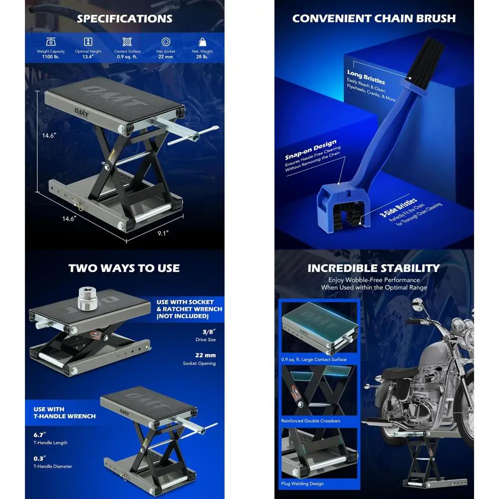 

Подъемник-ножницы для мотоциклов грузоподъемностью 1100 фунтов с широкой платформой и Т-образной рукояткой, центральной подставкой, щеткой для цепи и ручным подъемником для квадроциклов