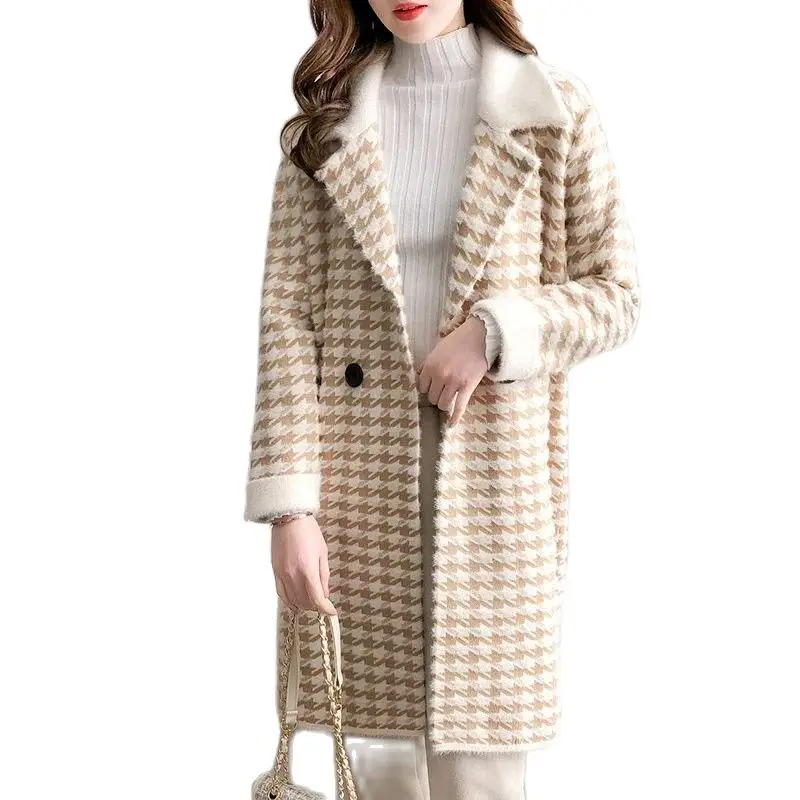 High Quality Imitation Mink Velvet Sweater Mid-Length Houndstooth Coat Women's Autumn Winter New Knitting Outerwear Cardigan