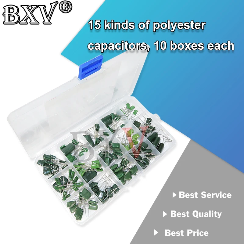 

15Values Polyester Film Capacitor Assortment Box Kit 0.33NF 2A331J 470NF 2A474J 2A821J 2A102J 2A393J 2A474J 150PCS/Set