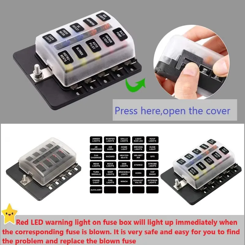 10 Manier 12V Doos 12Volt Blade Zekeringhouder W Negatieve Busbar Waterdichte Stroomonderbreker Met LED Indicator 25A Hot Selg