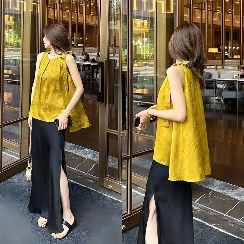 

New Summer Chinese Fashion Satin 2 Piece Set Women Sleeveless Casual Loose Top + A-line Split Slim Skirt Women's Suit