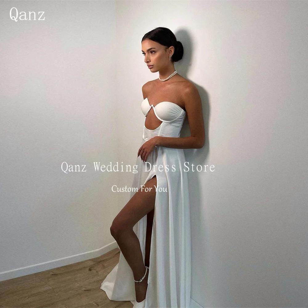 Qanz Sexy Long Wedding Dresses Strapless Slit Vestidos De Novia Sencillo Para Boda Civil A Line Vedtidos De Novia Customized