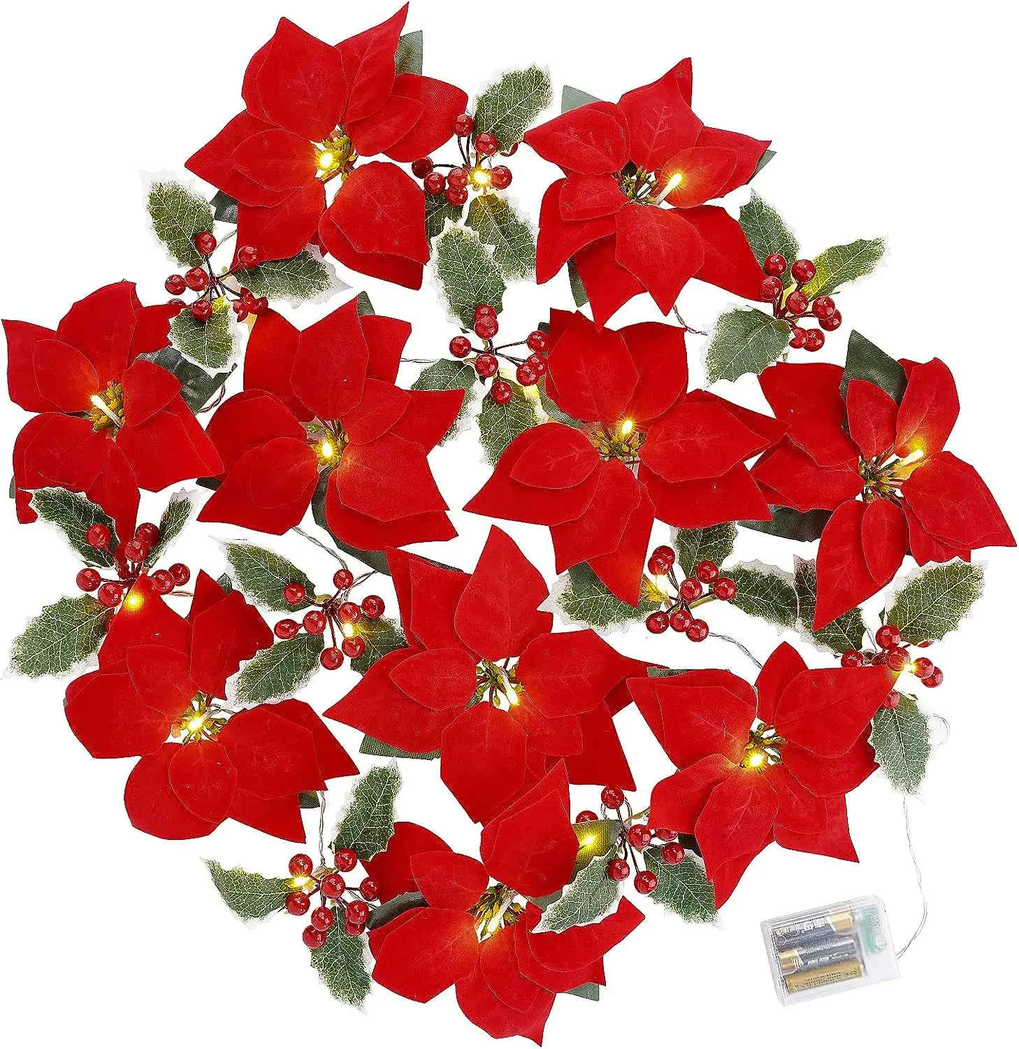 2M LED Christmas Poinsettia Flower Garland String Lights with Red Berries Holly Leaves Battery Powered Lighting Strings 10 Leds