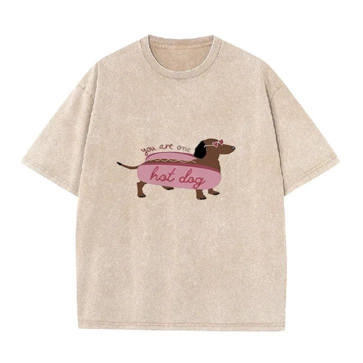 Vintage Washed T-shirt You Are One Hot Dog Print Funny Dachshund Dog Graphic Tees Casual Short Sleeve Summer Tops