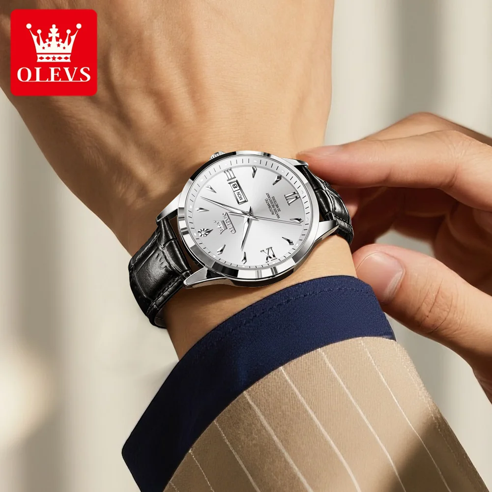 OLEVS 9956 reloj para hombre, reloj mecánico automático Original a la moda, correa de cuero resistente al agua, calendario, reloj de negocios de lujo para hombre
