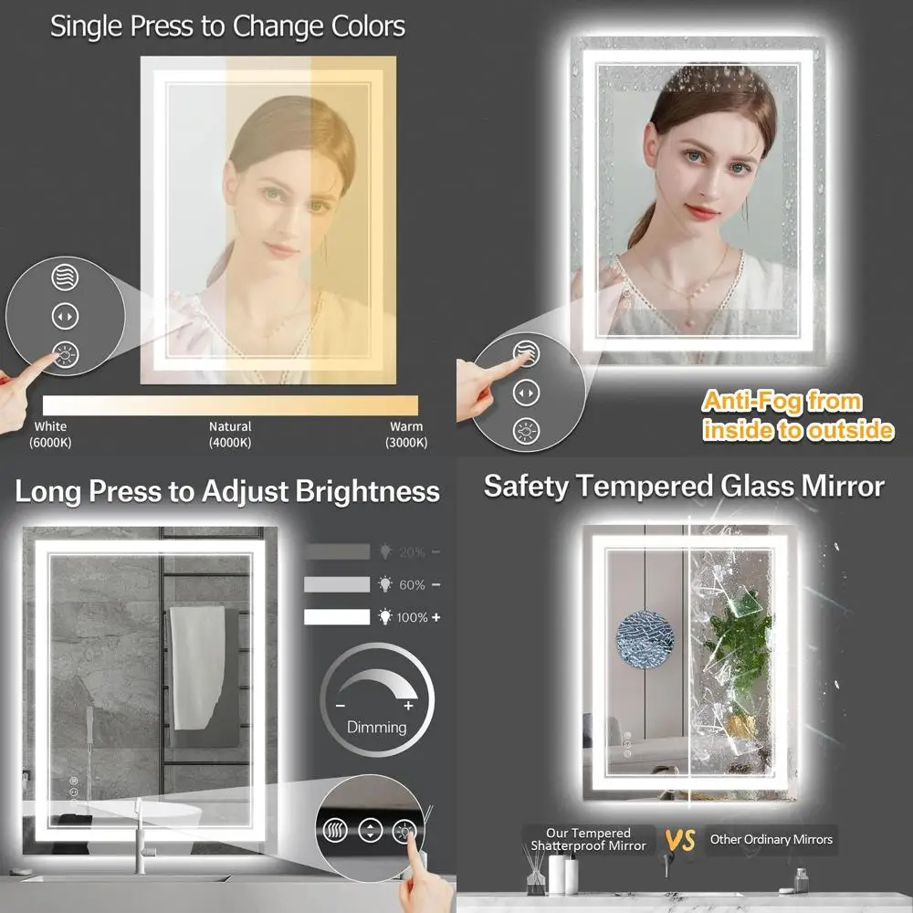 Miroir de courtoisie rétroéclairé LED avec lumières antibuée et à intensité variable, 24 x 32 pouces, mural pour salle de bain