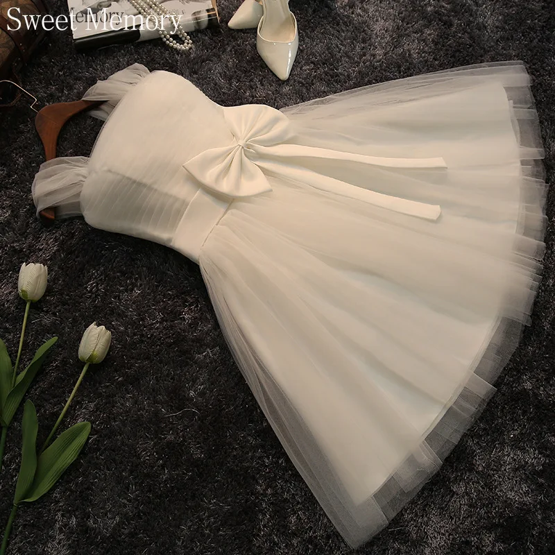 Personalizado curto vestido de baile na altura do joelho vestidos de casamento doce memória menina princesa branco rosa vestido de dama de honra com arco