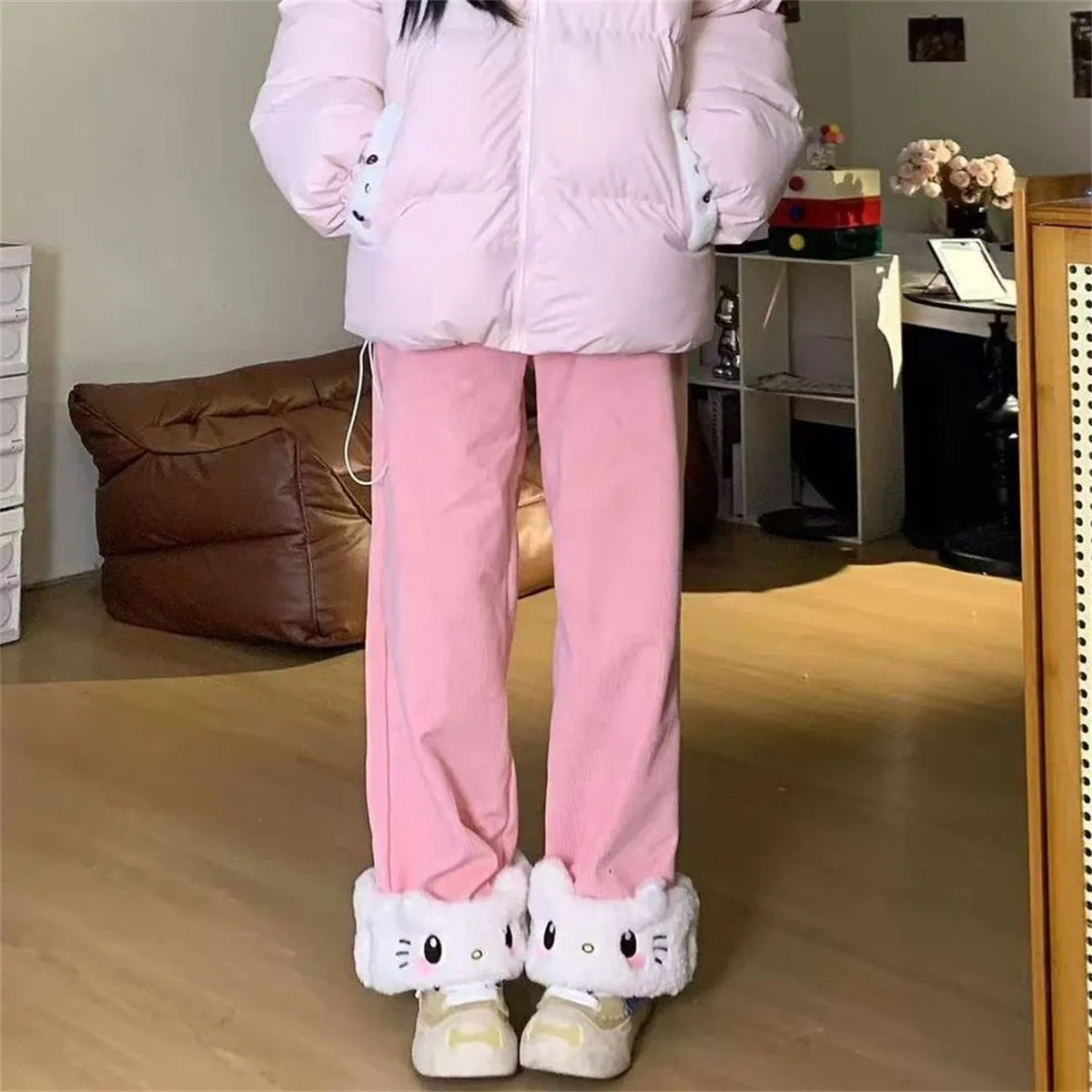 Herbst Winter Japanische Süße Lolita Hochgeschnittene Cordhose Kawaii Cartoon Katze Warme Weite Hose Y2k Lose Niedliche Hose – Detail 6