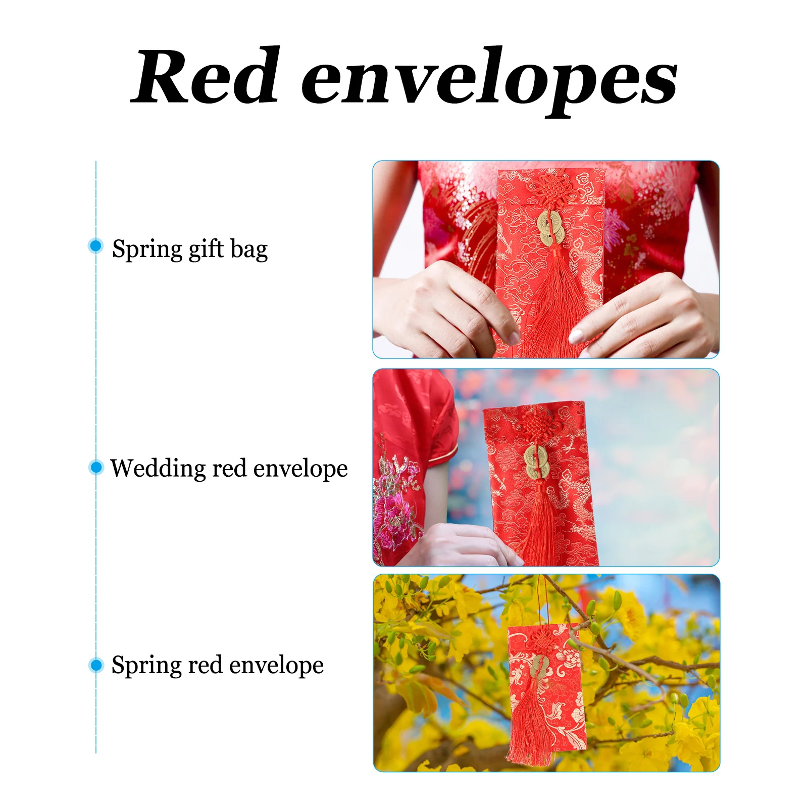 

4Pcs Delicate Money Pouches Red Fabric Envelopes for Festival Wedding Birthday Spring Celebration Gift Card Holder