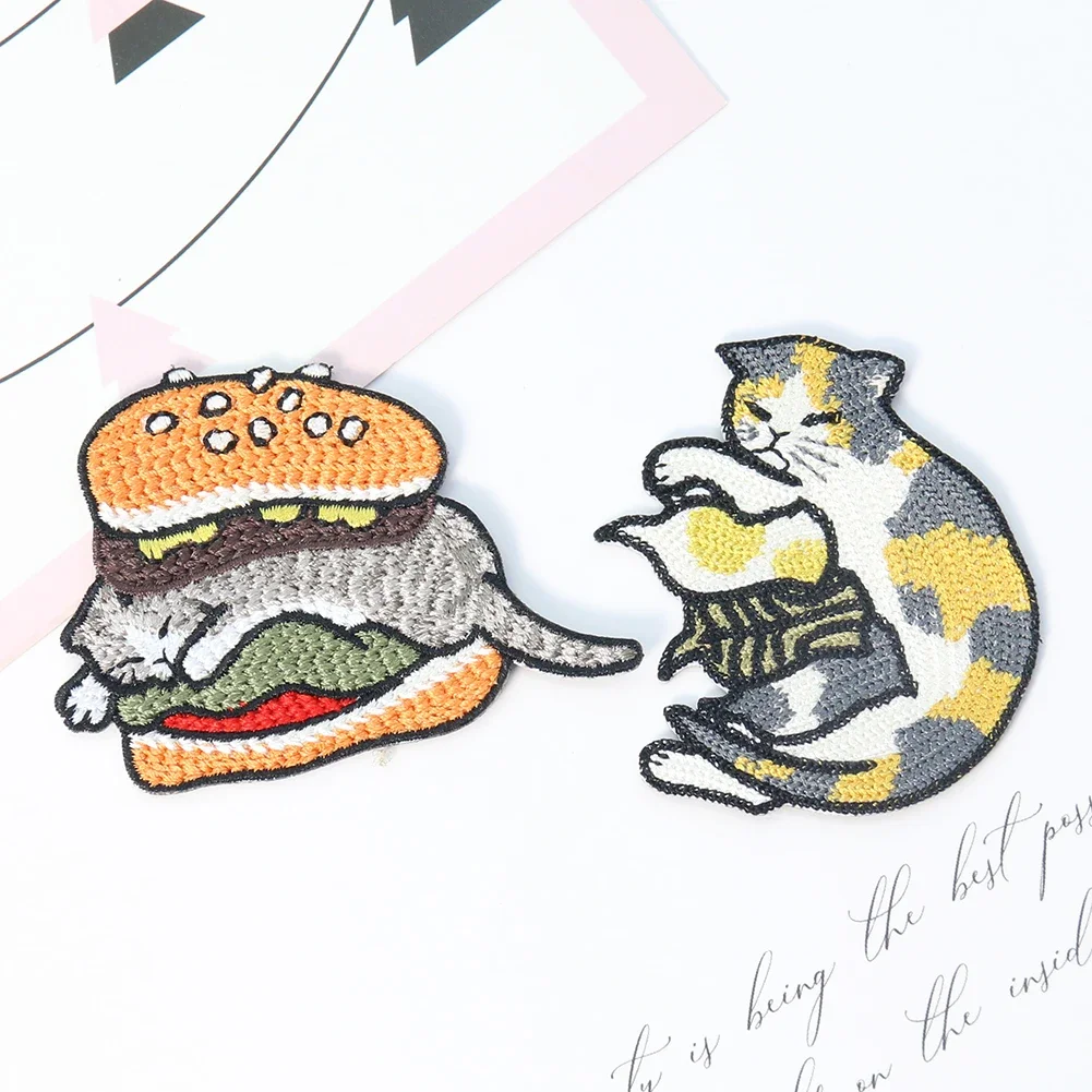 Cartoon Creative Cat Hamburger Embroidery Patch Sewing Ironing Craft Small Animal Cloth Sticker Jeans DIY Decoration Accessories