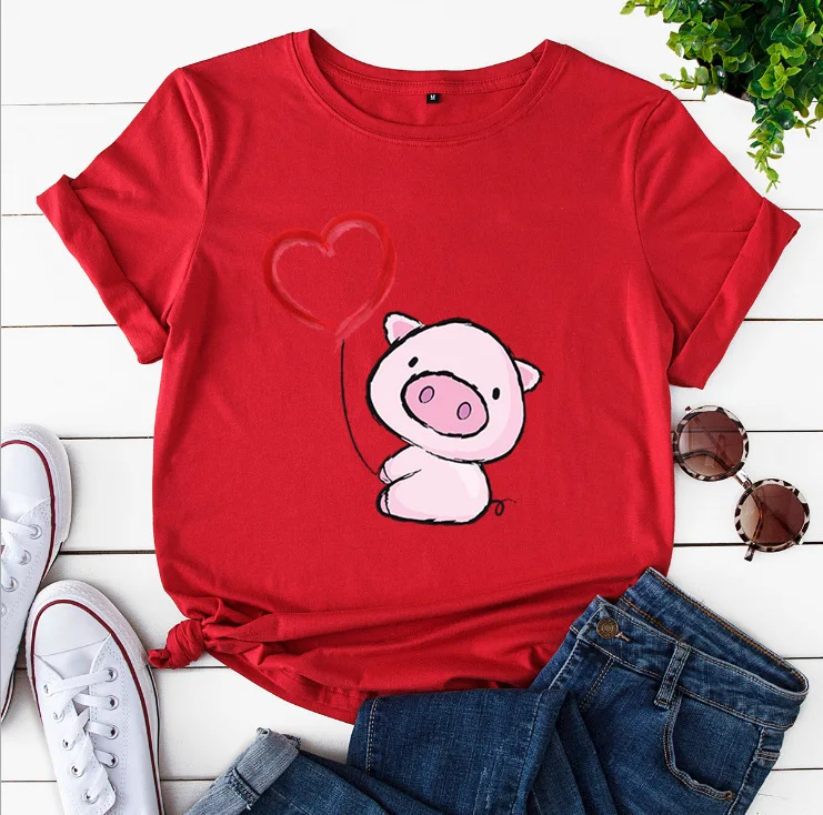 Camiseta con estampado de cerdo y corazón para Mujer, blusa holgada de manga corta con cuello redondo, ropa para Mujer