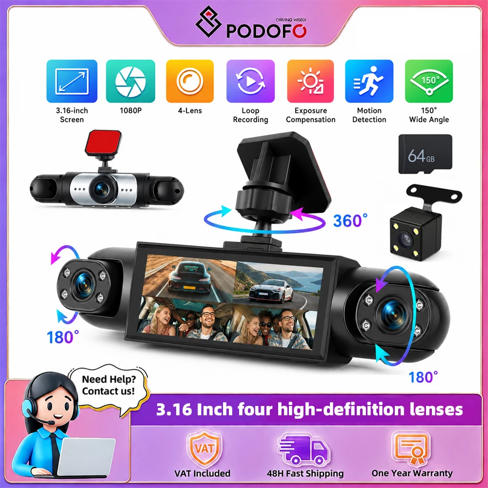 Caméra embarquée Podofo 3,16 pouces avec carte 64 Go, boîte noire de voiture 1080P, caméra de tableau de bord avec quatre caméras HD, y compris les caméras intérieures gauche, droite et arrière 480P