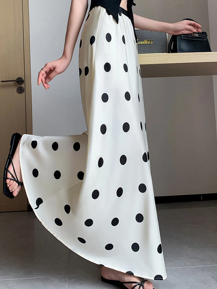 

2024 Summer New Satin Long Skirt For Women's Clothing Elastic High Waist Retro Loose Versatile Polka Dot Midlength Skirts Lady