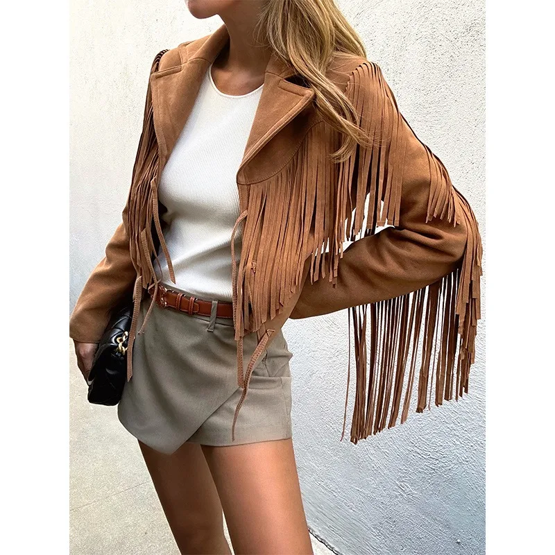 2024 New Genuine Sheepskin Leather Coat Suede Lapel Tassel Motorcycle Jacket E56