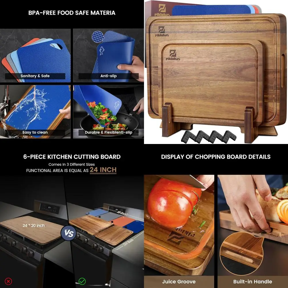 

Large Set of 7 Acacia Wood Charcuterie Boards with Holder, Non-Slip Feet, Plastic Serving Mats, Juice Groove, Reversible for Mea