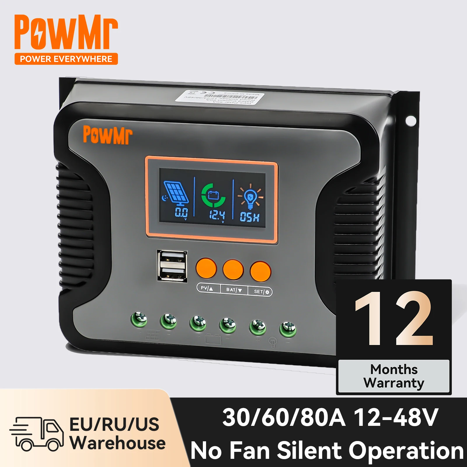 PowMr Solar Charge Controller PWM 30A 60A 80A 12V 24V 36V 48V Lead-Acid Lithium User Battery Dual Control Mode