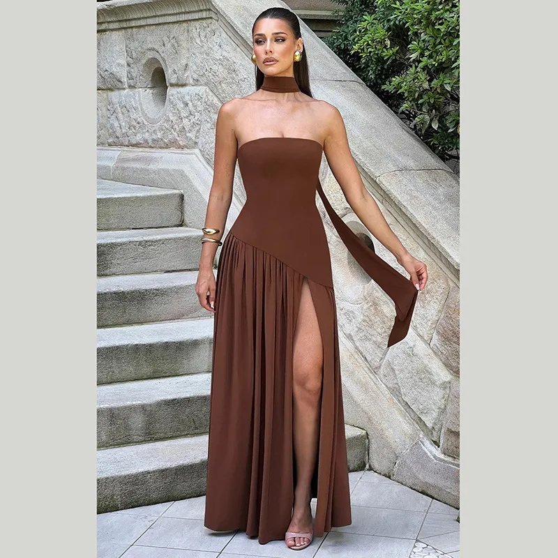 

Women'S Spring New Style Sexy Scarf Collar Solid Color Side Split Slimming Skirt Dress