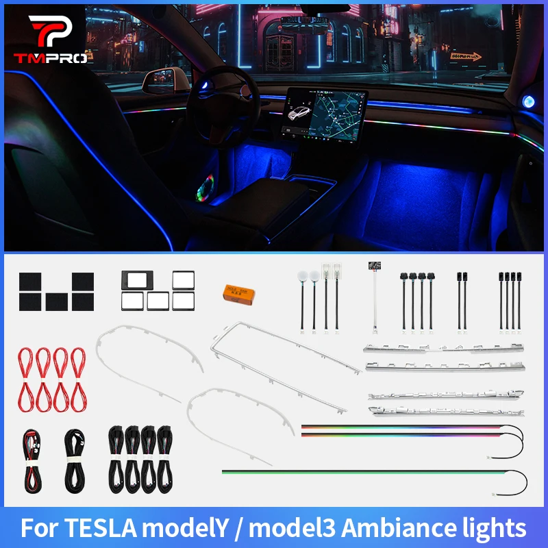 TMPRO 64-Color LED Safety Assistance System Ambient Light Suitable for Tesla Model 3 Model Y 2021-2024 Car Interior Decoration
