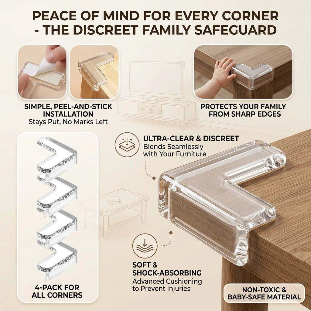 4PC L-Shaped Transparent Anti-Collision Table Corner Protectors Soft Silicone Edge Wrapping Adhesive Strip for Furniture Protect