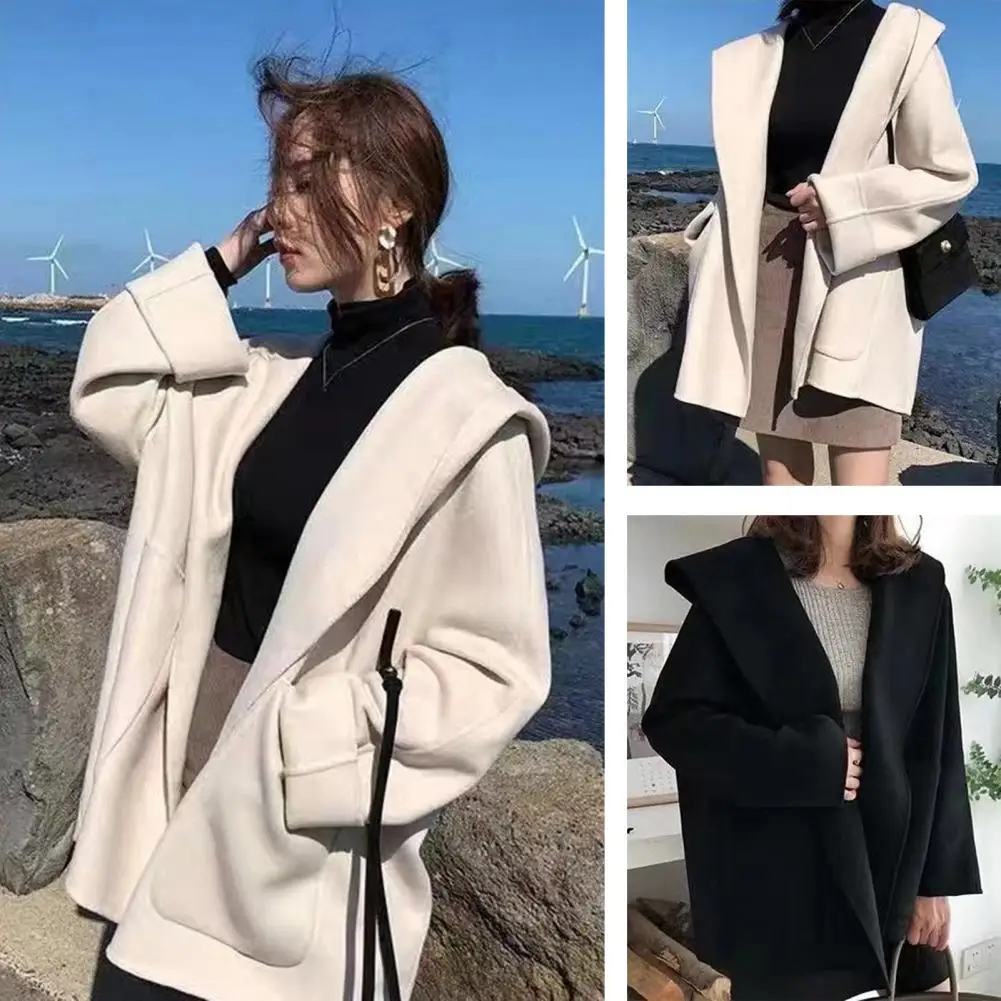 

Fall Winter Women Coat Loose Thickened Warm Coat Open Stitch Mid Length Hooded Lady Overcoat Jacket