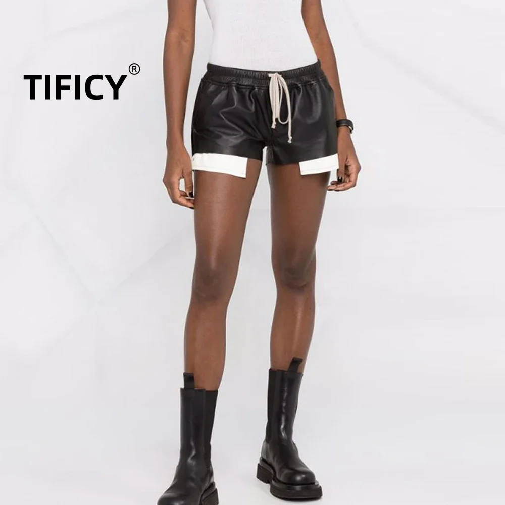 TIFICY Dark RO Women's High Waist PU Leather Four Corner Leakage Pocket Shorts Short Four Corner Short Leather Pants