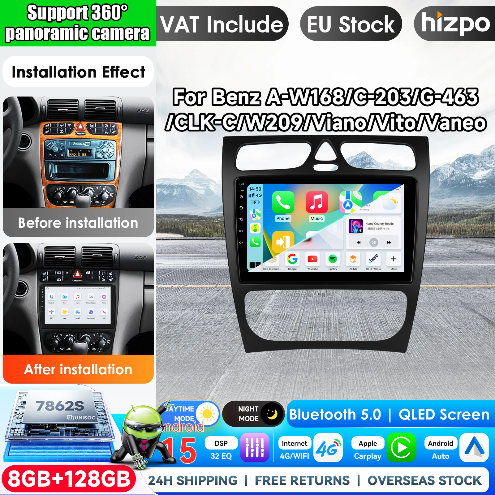 Hizpo Android Auto Autoradio für Mercedes-Benz A-W168 Viano Vito CLK-C209W209 C-W203 G-W463 Vaneo Multimedia Wireless CarPlay Smart Intelligent Systems IPS Touchscreen Stereo Videoplayer 2 Din