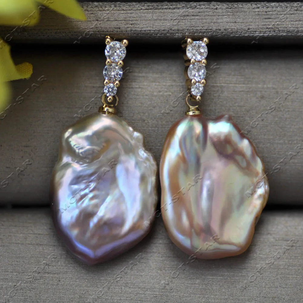 MTC·STAR 22mm Pink Lavender Baroque Lamina Keshi Pearl CZ Bead Dangle Earring (Z14551)