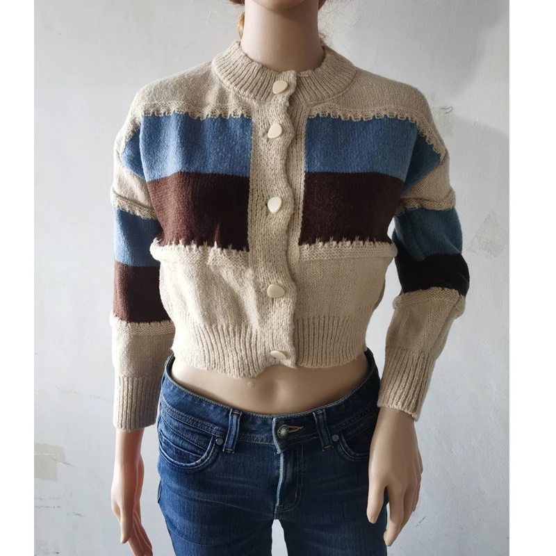 الكورية س الرقبة اللون منعت الحلو واحدة الصدر المرأة سترة مشغولة من الصوف شيك الخريف الشتاء جديد ريترو مخطط معطف قصير 15 #6