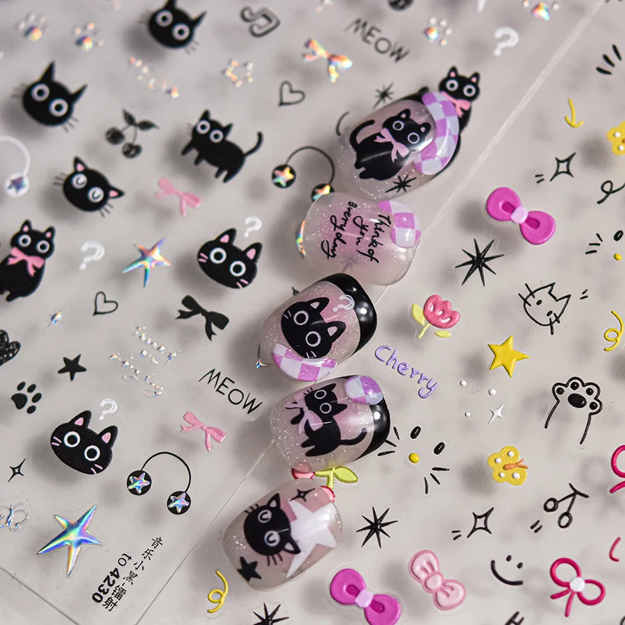 Autocollants pour ongles, dessin animé chat mignon étoiles lettres curseurs pour ongles Y2K coréen japonais Nail Art manucure décors Kawaii petit chat noir
