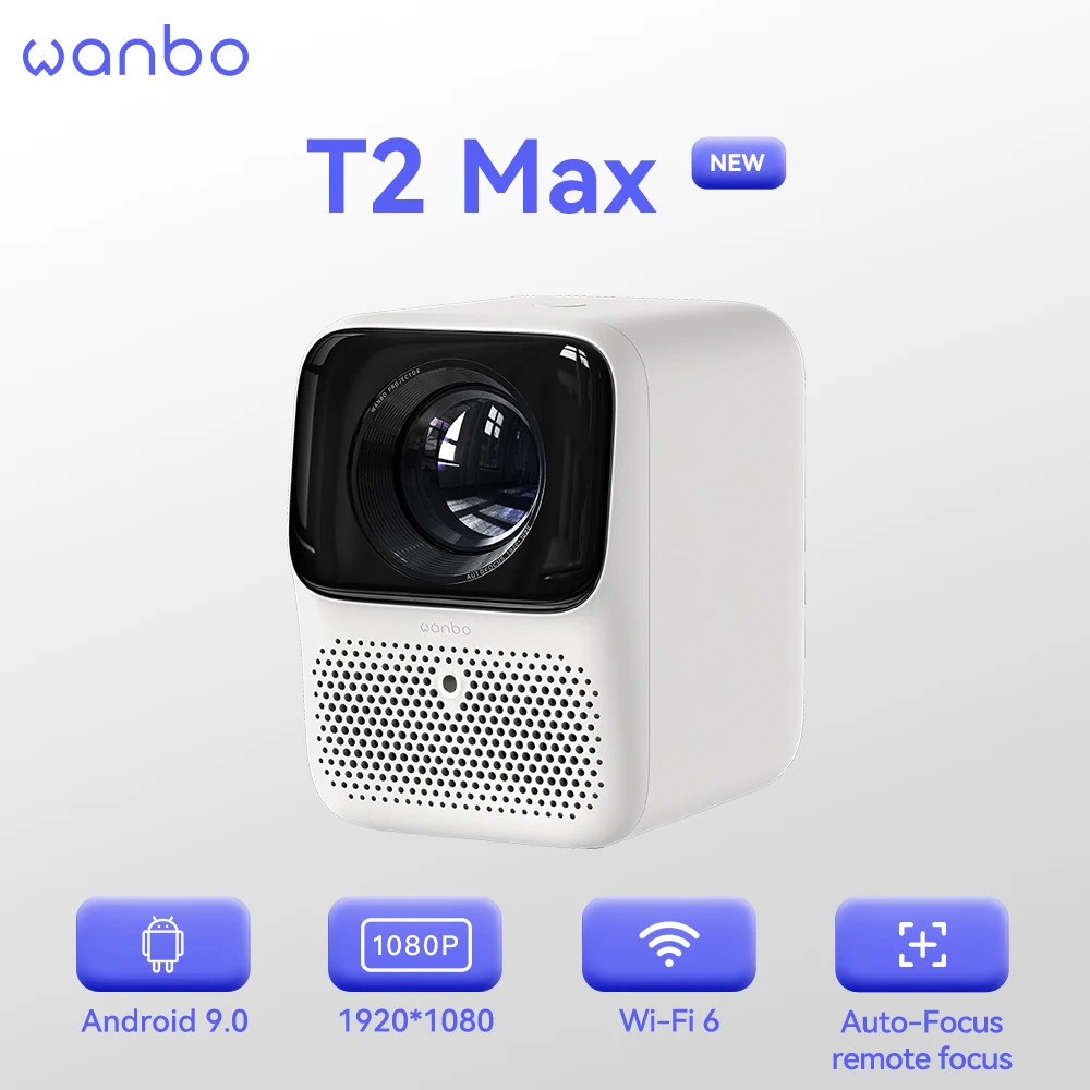 WANBO T2 맥스 미니 안드로이드 9.0 프로젝터, 1080p 풀 HD 와이파이 휴대용 프로젝터, HIFI 사운드, 가정 야외 자동 초점 450, Ansi, 신제품