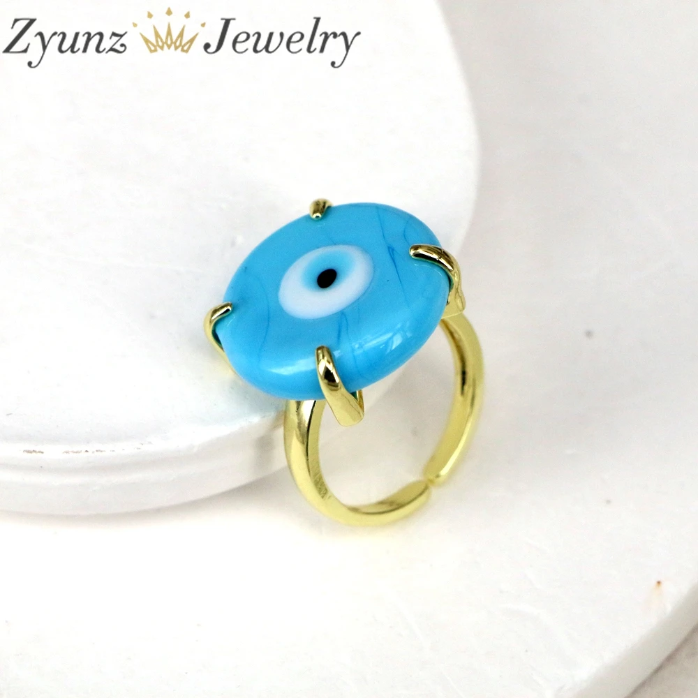 10PCS, Lucky Eye Glass Turkish Evil Eye Ring Adjustable Copper Open Finger Ring for Women Men Fashion Jewelry