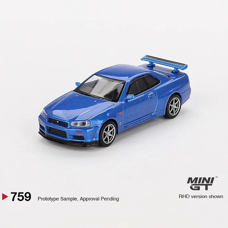 MINIGT 759 재고 있음 1:64 닛산 스카이라인 GTR R34 V SPEC 베이사이드 블루 다이캐스트 디오라마 모델 컬렉션장난감