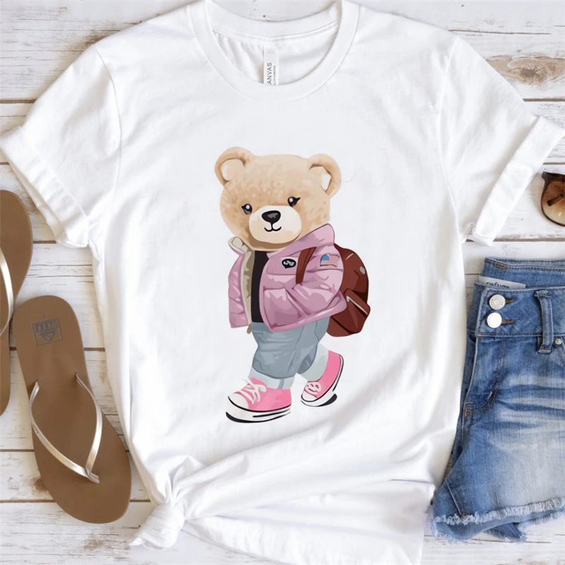 Bear Backpack Printed Womens Summer T-Shirt Cute Cartoon Tee Short Sleeved Basic Top Trendy O-Neck Casual Pattern for Lady