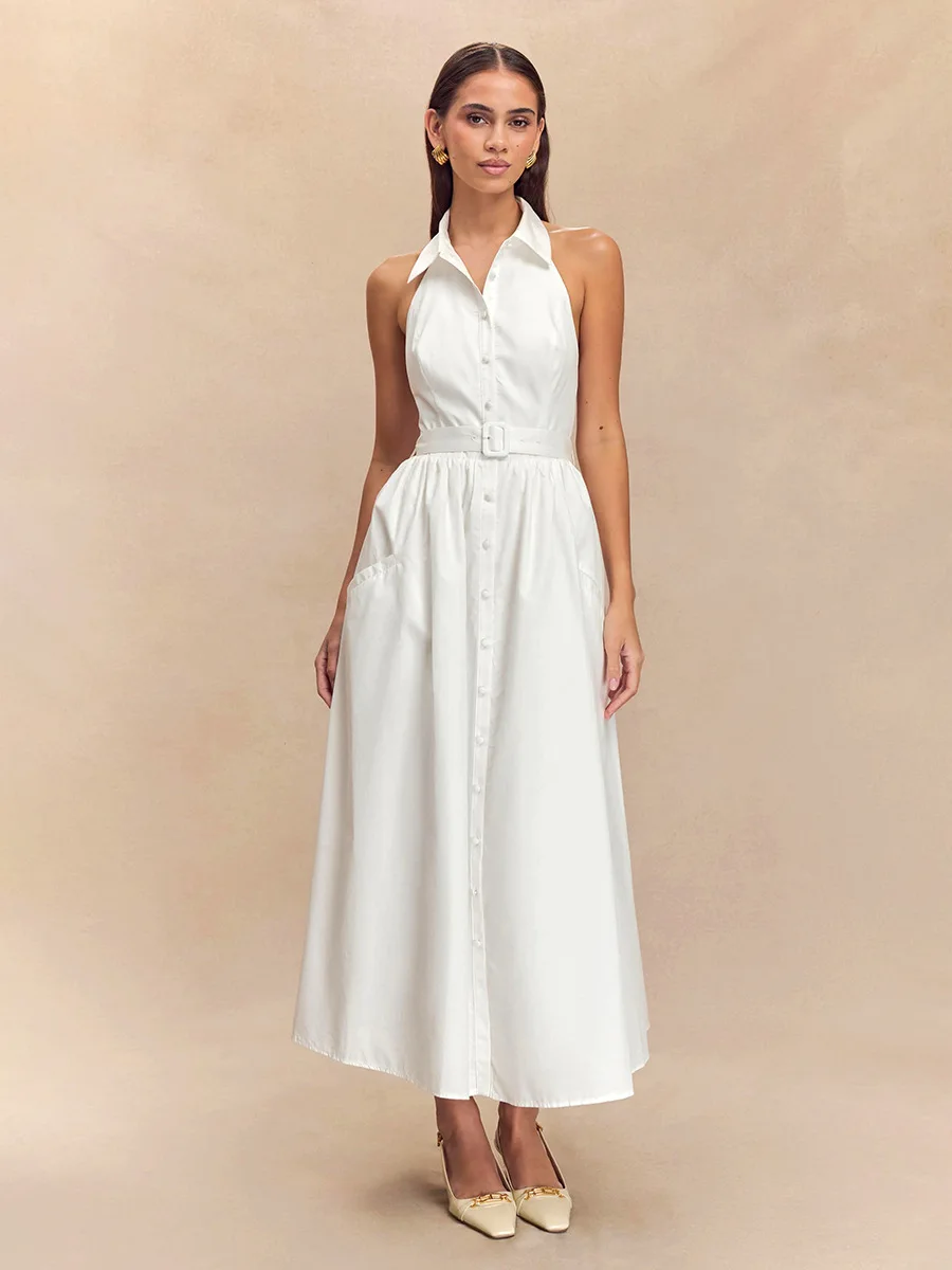 Bornladies 2026 Spring/Summer New Style Commuter Belt Adjustable Collar Off Shoulder Long Sleeve Hanging Neck Dress