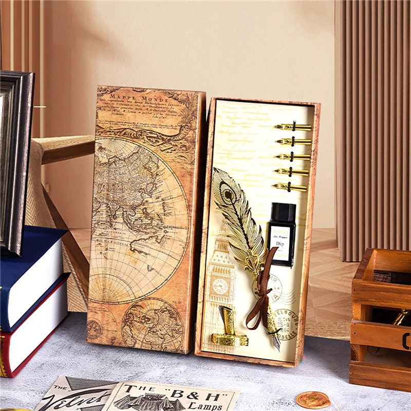 Kit de pluma de inmersión de estilo europeo con tinta, pluma de Metal mecánica, pluma de inmersión con 5 puntas de repuesto, bolígrafos de Quill, juego de Caja de Regalos
