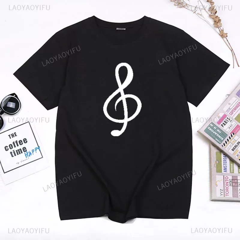 Funn Musical Note Graphic Print Tshirts Summer Black White Female Short Sleeve Tops Femme Casual Loose Streetwear Women T Shirt