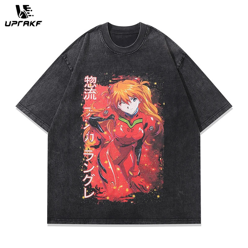 UPRAKF Streetwear T Shirts Vintage Cotton Washed Loose Anime Character Print Tee Short Sleeve Casual O Neck Summer Trendy