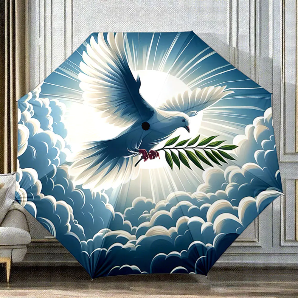 „Friedliche Taube mit Olivenzweig in strahlendem Himmel-Design“, tragbarer, zusammenfaltbarer Regenschirm, Geschenk für Familie und Freunde