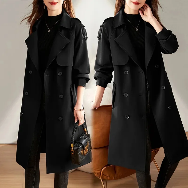 Femme Medium Long Styles Trench Jacket Spring Autumn Women High-grade Lined Outwear Korean Ladies Long Sleeves Windbreaker Coat